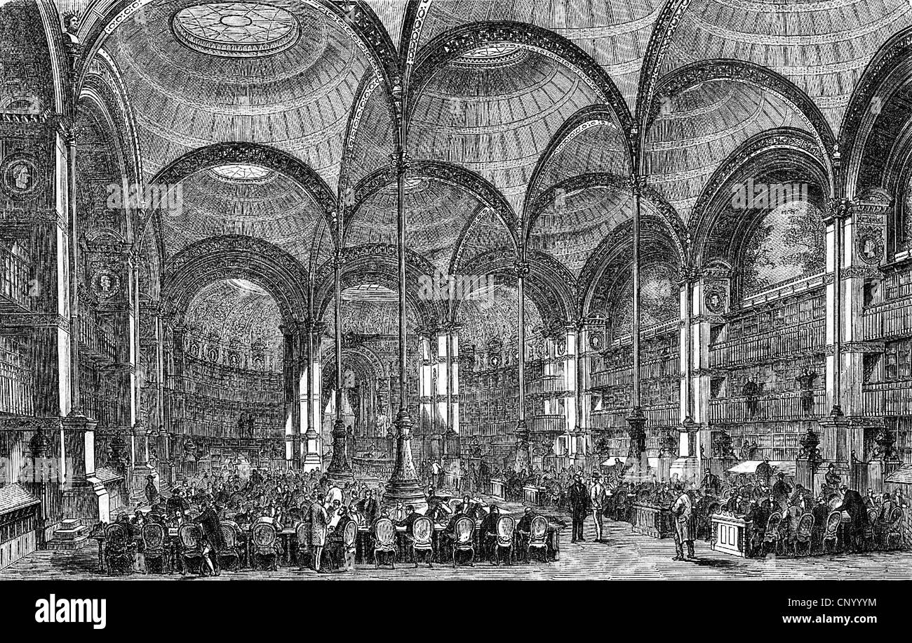 Biblioteca, sala dell'ex biblioteca imperiale a Parigi, incisione in legno, XIX secolo, tetto ad arco, cima arcuata, struttura quaparsal, archi a botte appuntiti, volte a lancetta, arco a punta, ogiva, mensola, con, libro, libri, sale, sala biblioteca, biblioteche, biblioteca pubblica, biblioteca accademica, biblioteca di ricerca, biblioteca scientifica, Francia, storico, storico, diritti aggiuntivi-clearences-non disponibili Foto Stock