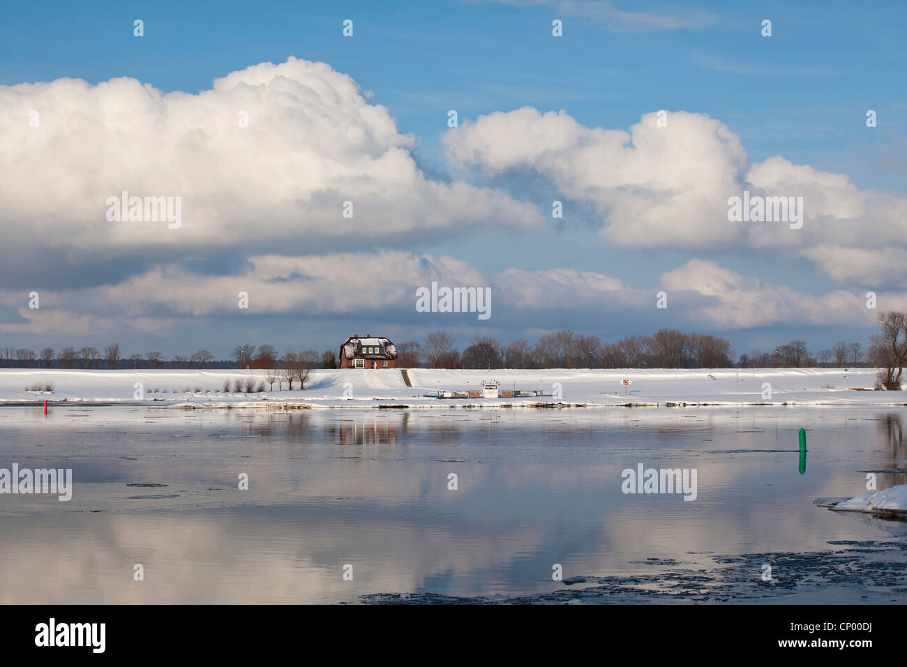 Fiume Elba con ferry boat in inverno, Germania, Brandeburgo, Wendland ha, Pevestorf Foto Stock