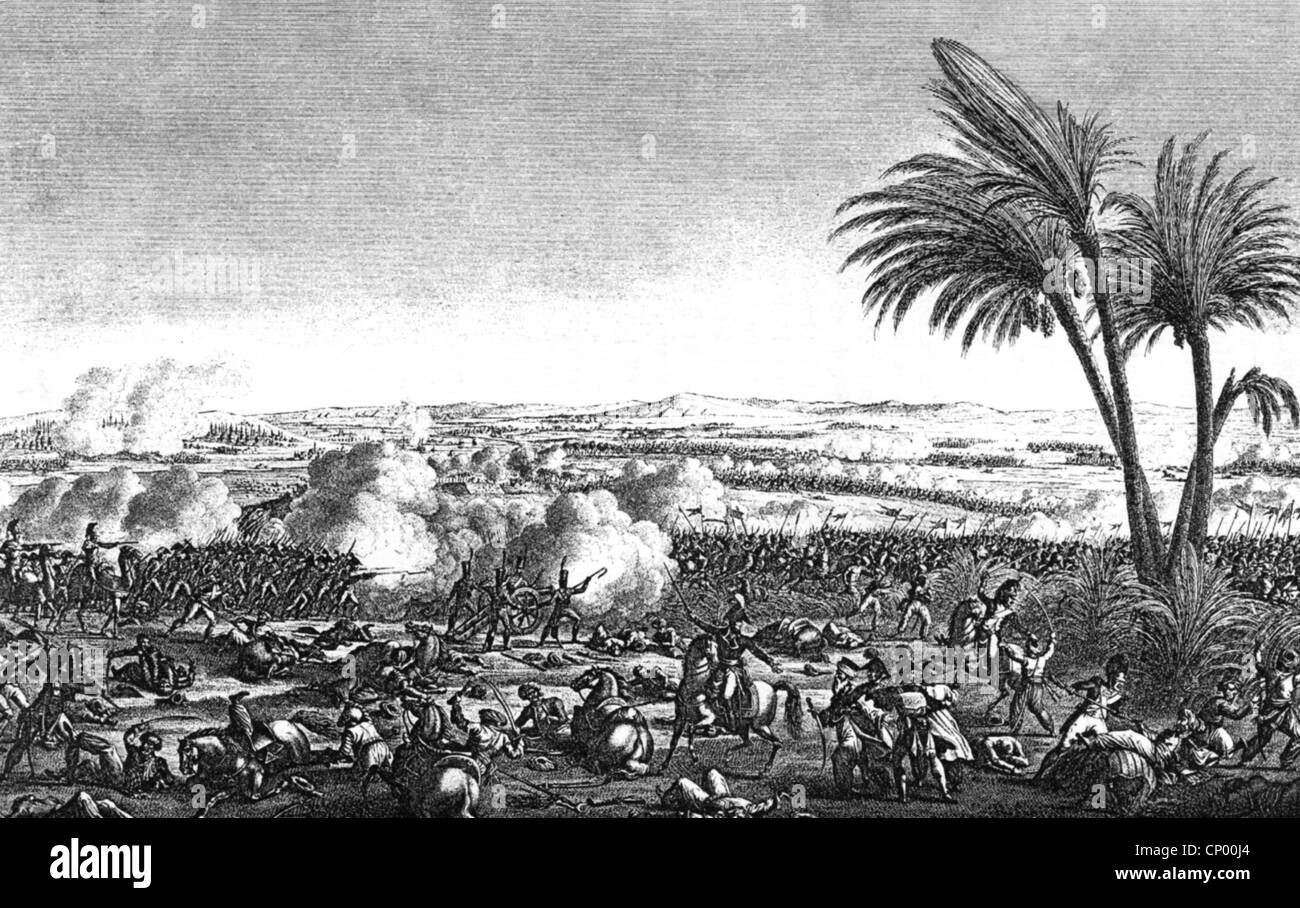 Eventi, Campagna francese in Egitto e Siria, 1798 - 1801, Battaglia di Heliopolis, 20.3.1800, illustrazione dopo incisione di rame di Bovinet, Francia, Campagna egiziana, Mamluk, Mamluk, lotta, combattimento, palme, palme, deserto, guerre napoleoniche, Oriente, Impero ottomano, Napoleone Bonaparte, 19 ° secolo, storico, storico, diritti aggiuntivi-clearences-non disponibili Foto Stock
