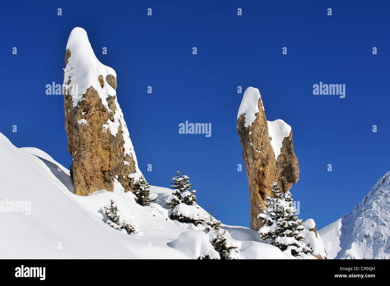 Due aghi di roccia che incombe su un pendio di montagna, Francia, La Plagne Foto Stock