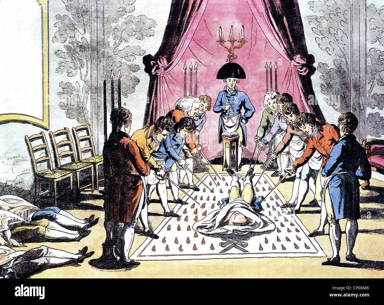 freemason, Masonic Lodge, ennoblement master, rituale, litografia colorata, circa 1805, diritti aggiuntivi-clearences-non disponibile Foto Stock