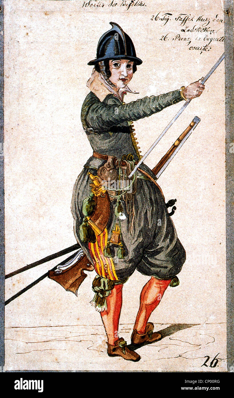 Militare, 17 ° secolo, musketeer caricando il suo musket, penna disegno dopo Jacob de Gheyn, Den Haag, 1607, Additional-Rights-Clearences-non disponibile Foto Stock