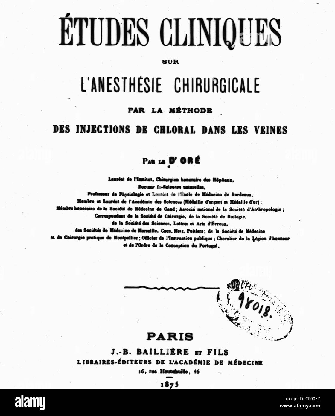 Medicina, narcosi, titolo della prima monografia su anestesia endovenosa, 1875, Additional-Rights-Clearences-Not Available Foto Stock