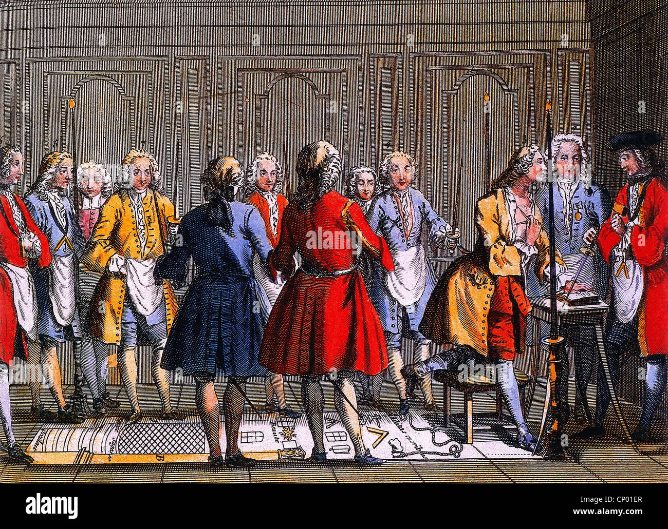 freemason, Masonic Lodge, nuova iscrizione, rituale del candidato, giuramento, incisione in rame colorato, circa 1750, Additional-Rights-Clearences-non disponibile Foto Stock