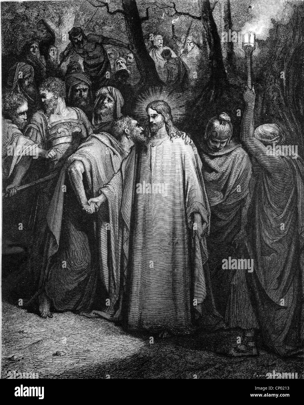 La religione, il cristianesimo, Gesù Cristo, scena, tradendo da Giuda Iscariota, incisione su legno da Gustave Dore (1832 - 1883), artista del diritto d'autore non deve essere cancellata Foto Stock