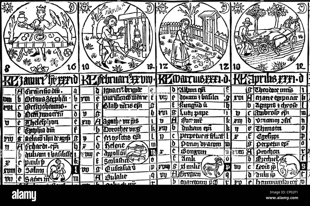 Calendario, mese Gennaio, Febbraio, Marzo, Aprile, calendario di Johannes von Gmunden, Austria, taglio di legno, circa 1470, diritti aggiuntivi-clearences-not available Foto Stock
