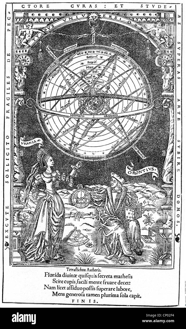 Astronomia, tipo, tipo geocentrico, incisione in rame, Finis Orontius, Parigi, 1530/1532, diritti-aggiuntivi-clearences-non disponibili Foto Stock