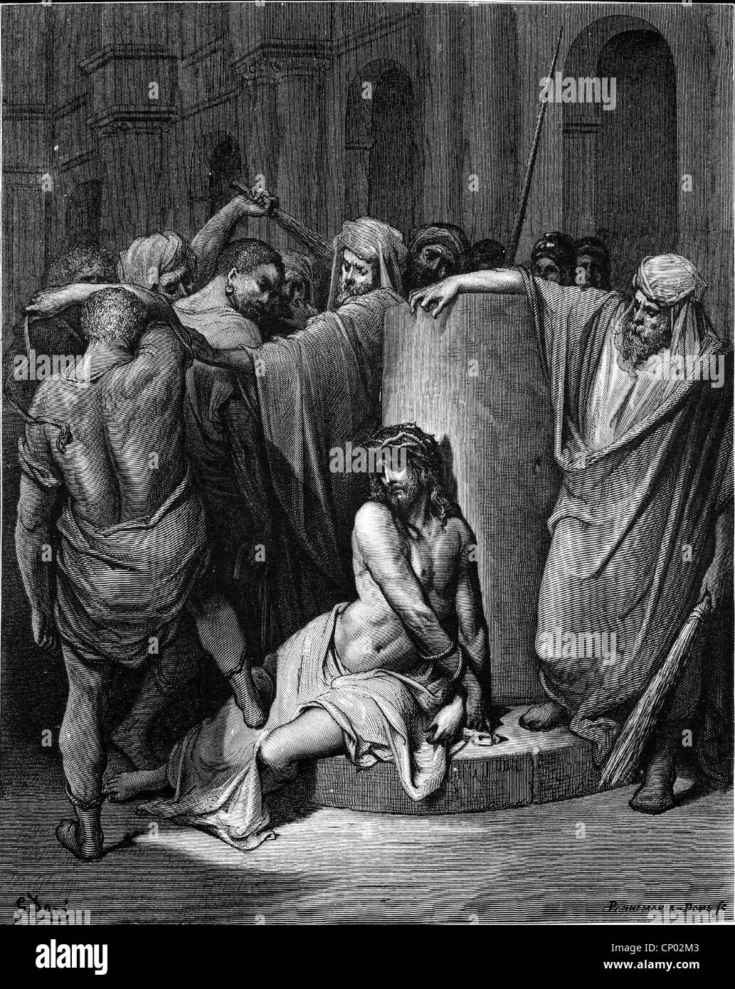 La religione, il cristianesimo, Gesù Cristo: "La Flagellazione di Cristo", incisione su legno da Gustave Dore, circa 1866, artista del diritto d'autore non deve essere cancellata Foto Stock
