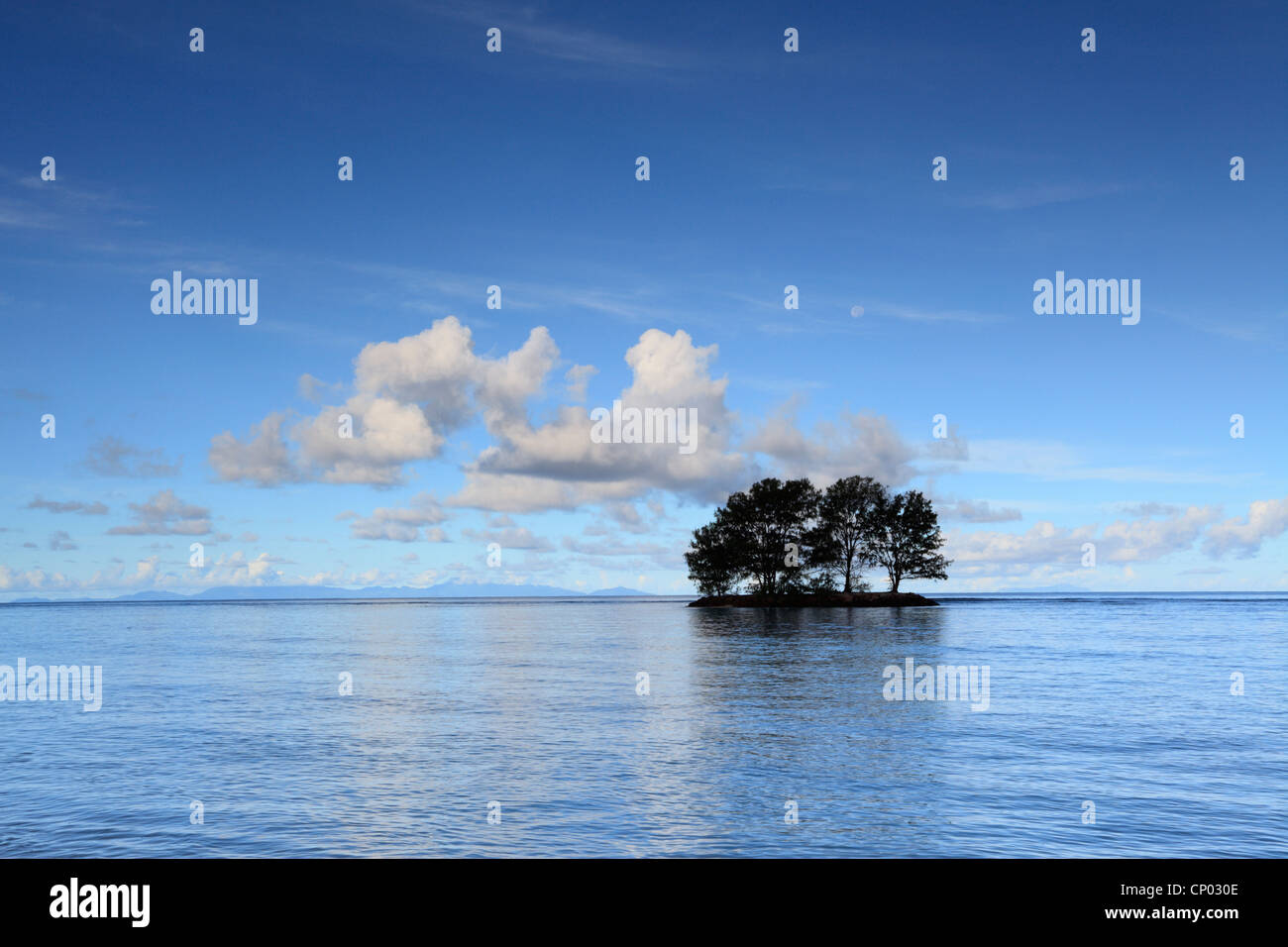 Una piccola isola di alberi di sunrise al largo della costa occidentale di La Digue alle Seychelles Foto Stock