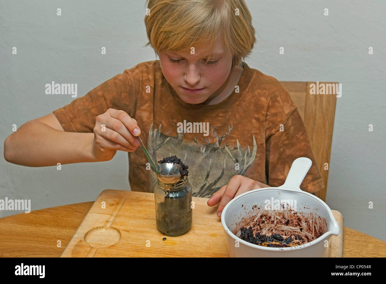 Comune di nocciolo (Corylus avellana), ragazzo mettendo cioccolata spalmabile che ha fatto di auto-raccolto di nocciole, polvere di cacao, il burro e lo zucchero in un bicchiere, Germania Foto Stock
