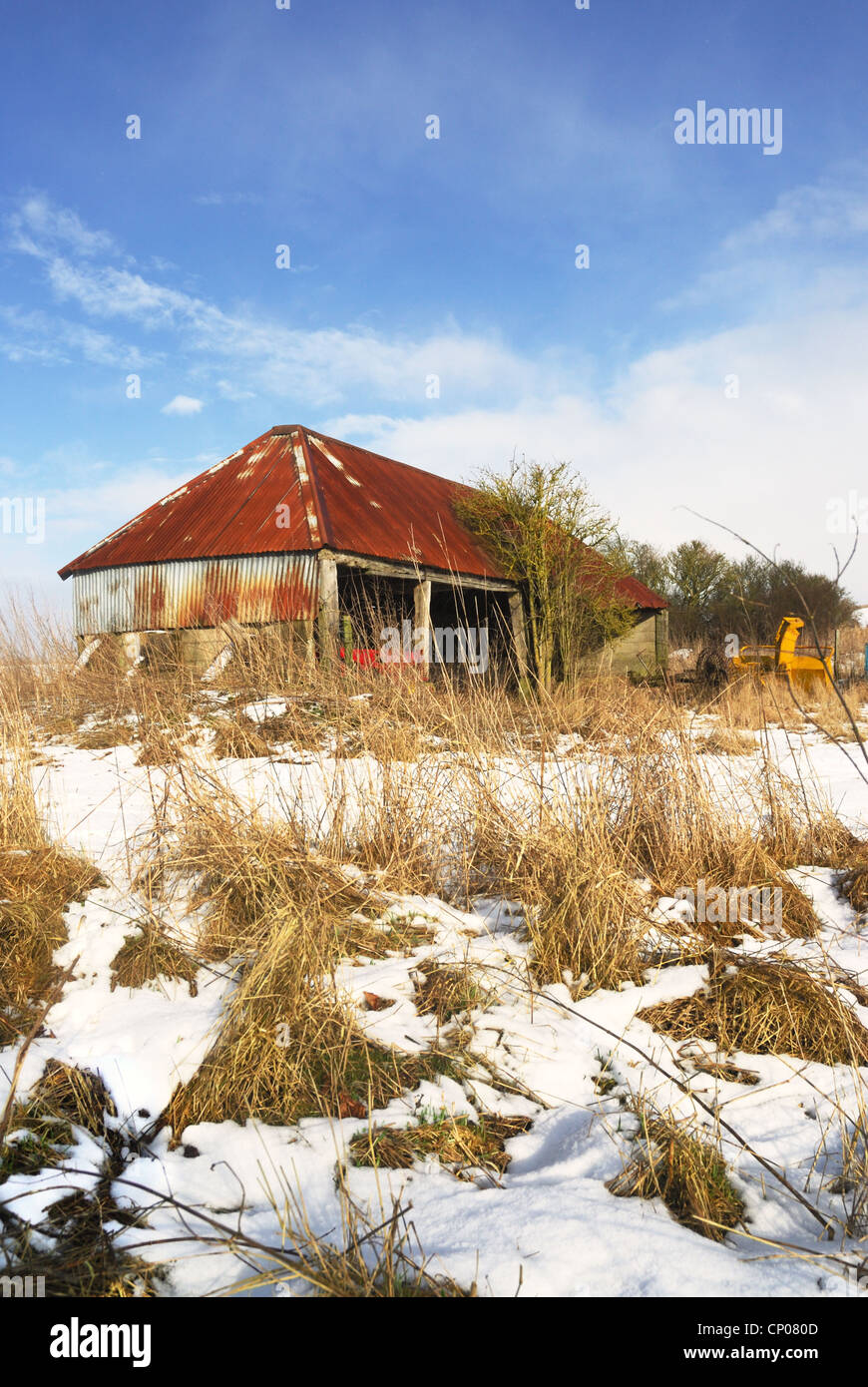 Rusty vecchia fattoria essendo utilizzato per la memorizzazione di macchinari agricoli in inverno con neve sul terreno Foto Stock