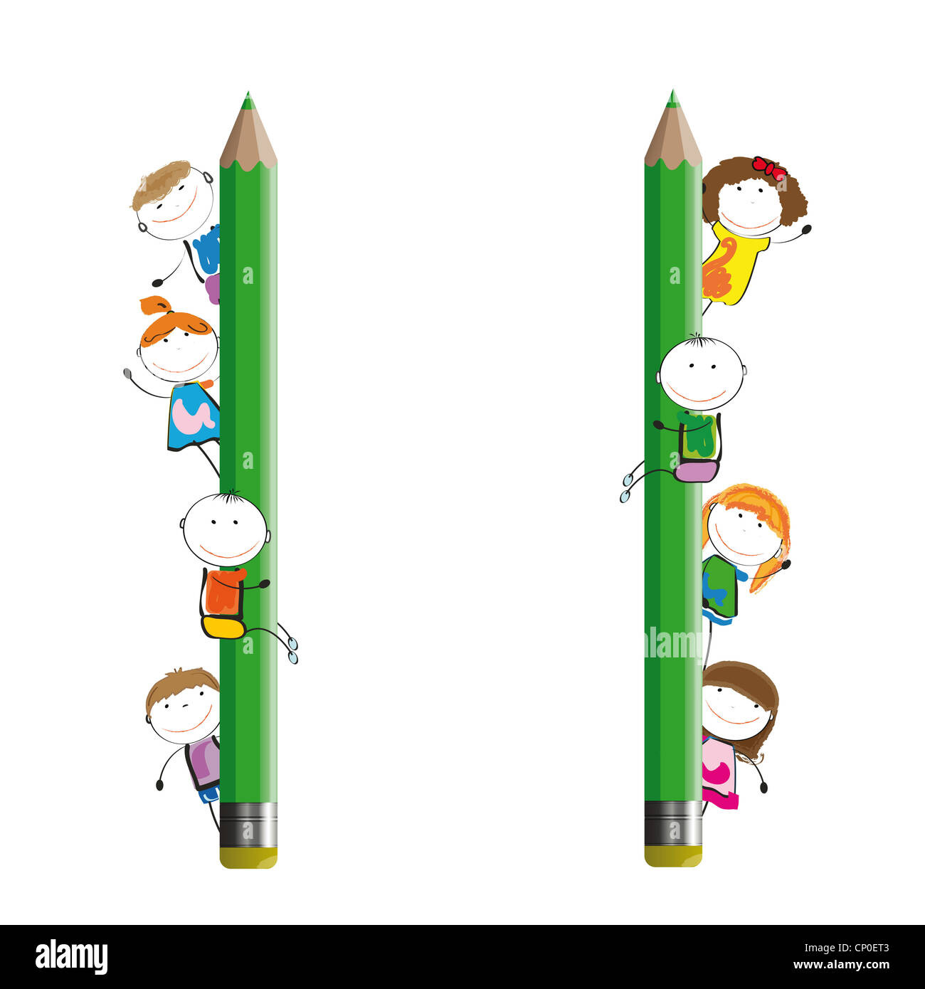 Contenti i bambini e banner colorati con matite colorate Foto stock - Alamy