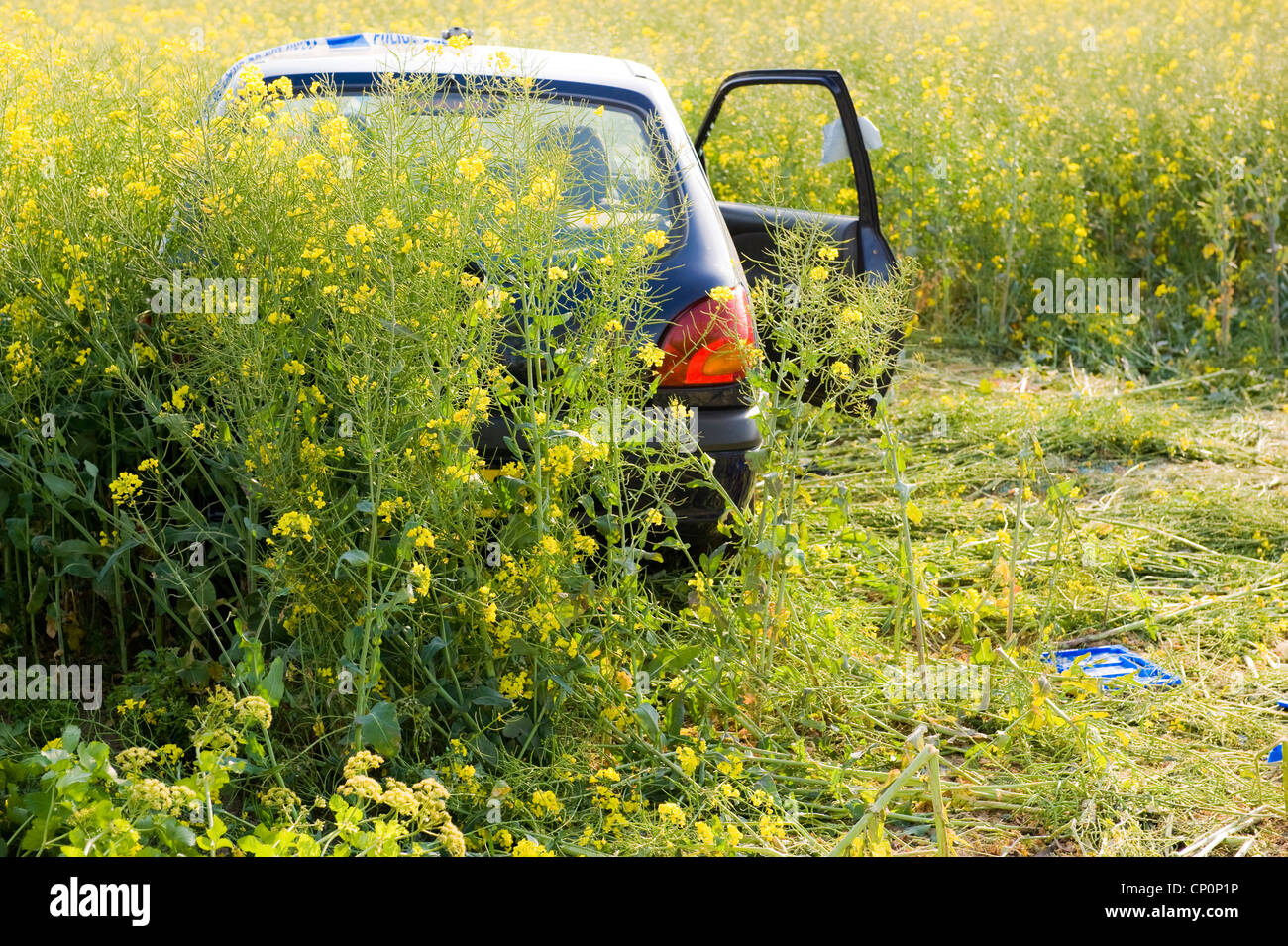 Car crash, laminati, riproposta in campo. Scena di un incidente. Qualcuno è stato probabilmente accelerando! Foto Stock