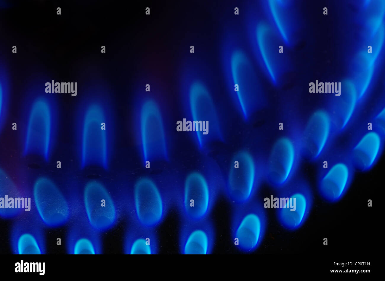 Fornello a gas Bruciatore dettaglio con Blue Flames e uno sfondo scuro Foto Stock