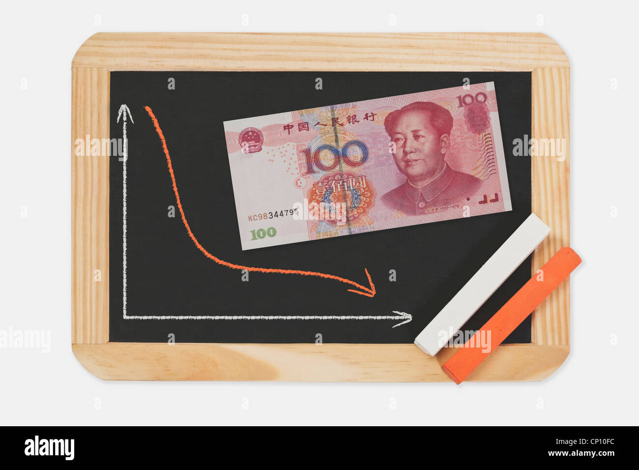 Grafico con una curva rifiutata. Sulla lavagna si trova un cinese 100 Yuan bill con il ritratto di Mao Zedong. Foto Stock