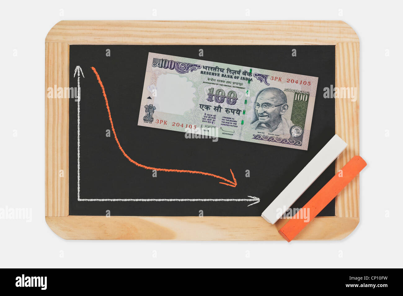 Grafico con una curva rifiutata. Sulla lavagna si trova a 100 rupie bill con il ritratto del Mahatma Gandhi. Foto Stock