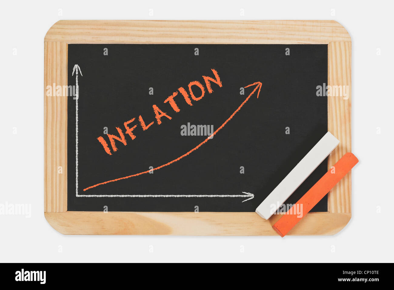 Lavagna, un grafico con una curva crescente. Sulla lavagna è la parola scritta di inflazione. Rosso e bianco gesso. Foto Stock