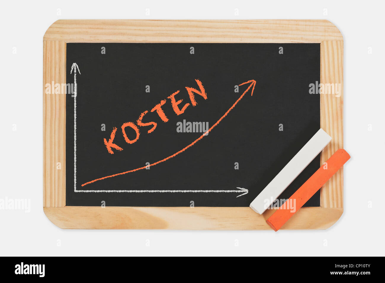 Lavagna, un grafico con una curva crescente. Sulla lavagna è la parola Kosten (costi) scritto. Rosso e bianco gesso. Foto Stock