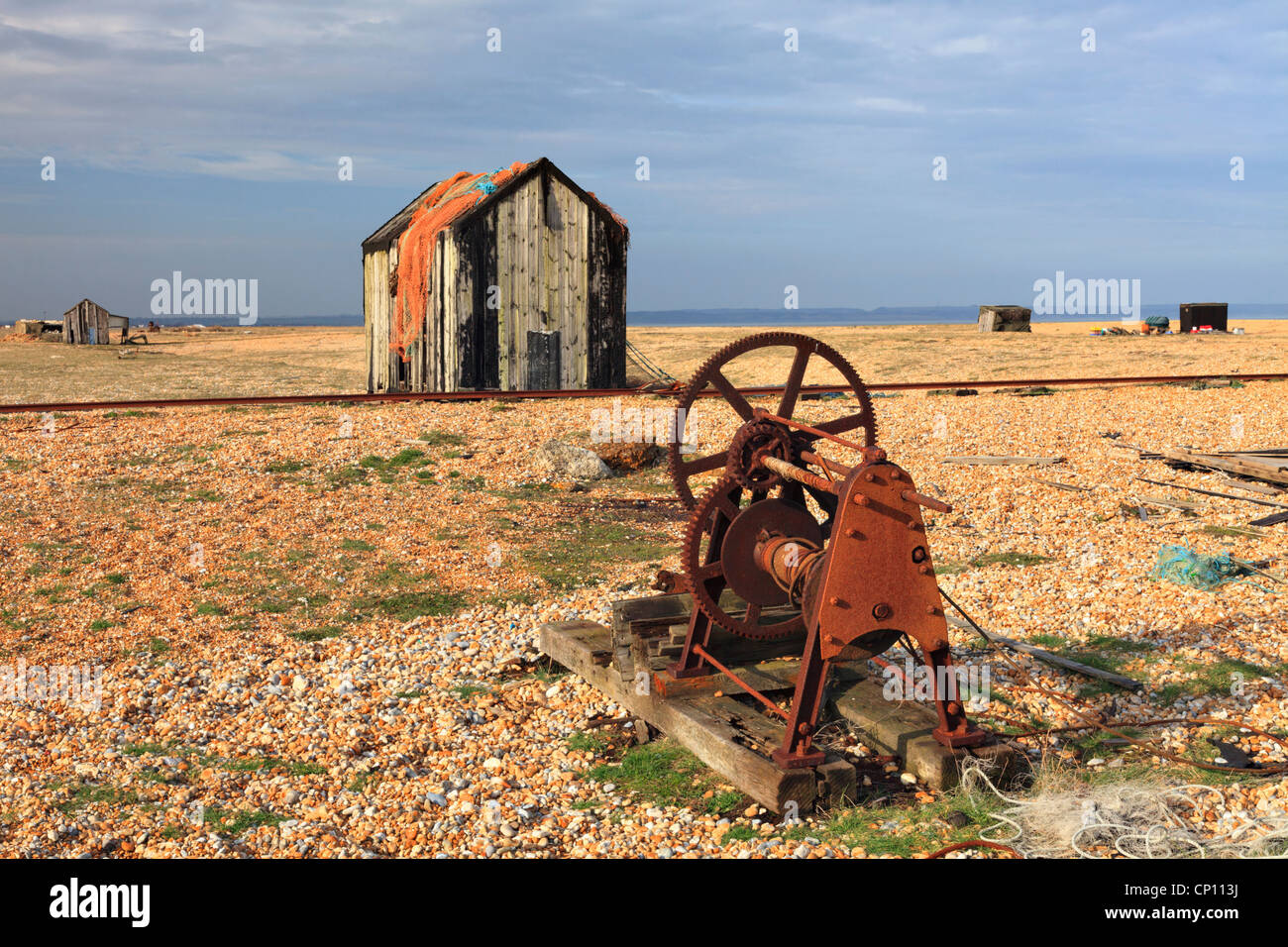 Macchinari abbandonati a Dungeness in west Kent Foto Stock