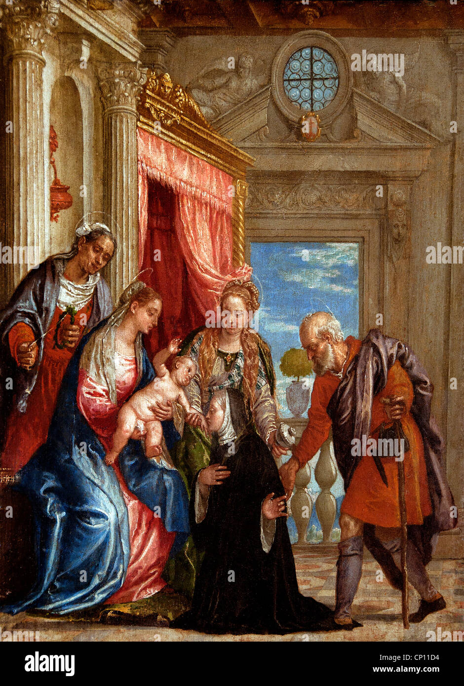 La Sainte Famille et trois saintes - La Santa Famiglia e tre sante 1580 Atelier de Paolo Caliari, dit VÉRONÈSE 1528 -1588 ITALIA Foto Stock