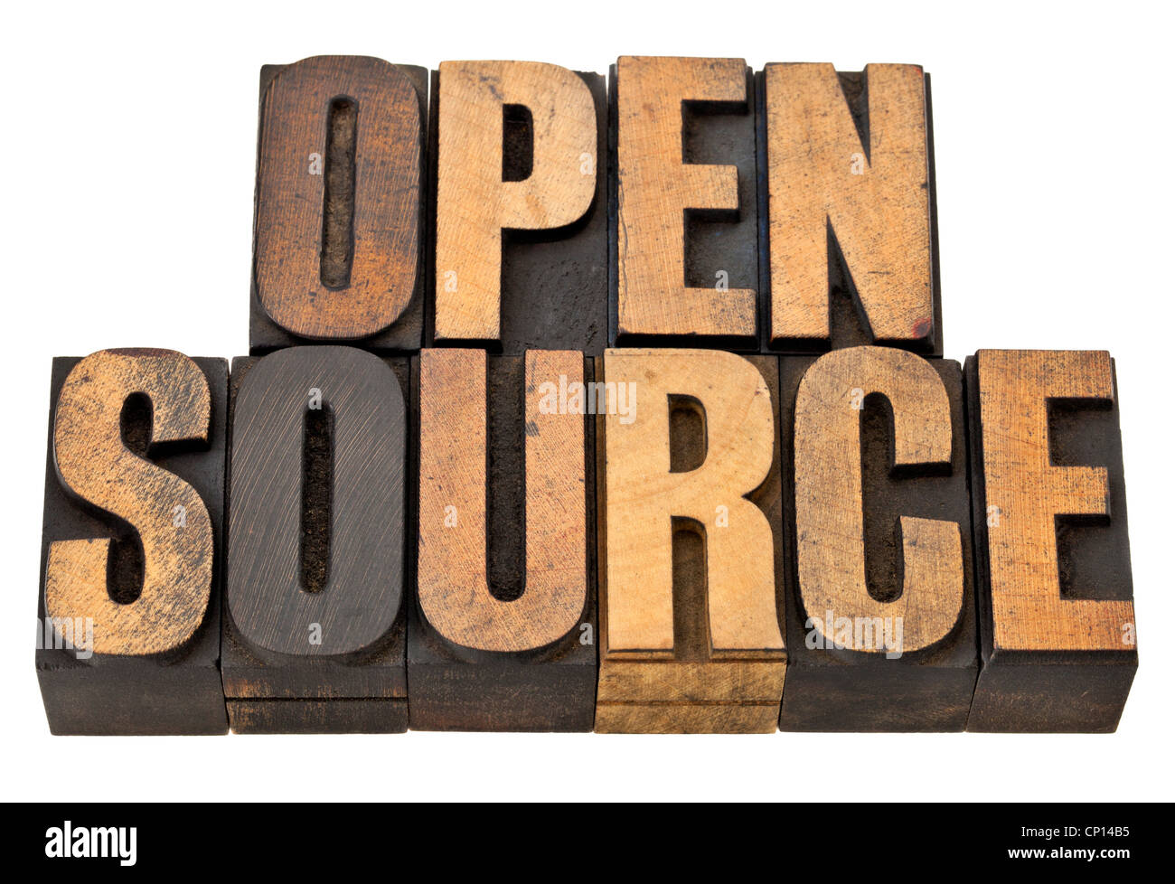 Open source - computer software concetto - testo isolato in rilievografia vintage tipo legno Foto Stock