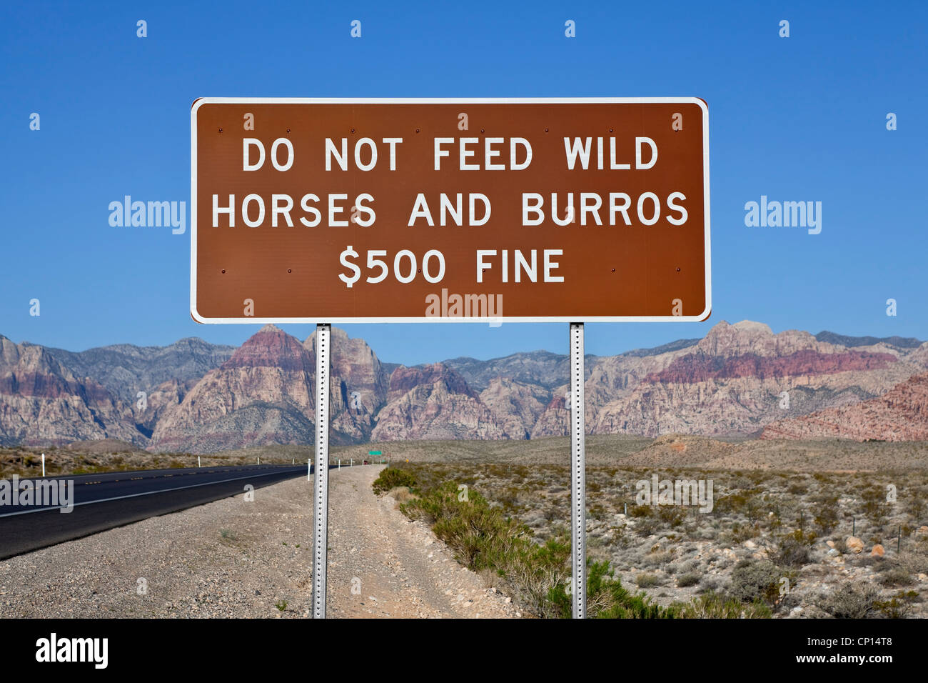 Non alimentare i cavalli selvaggi firmare al Red Rock National Conservation Area vicino a Las Vegas, Nevada. Foto Stock