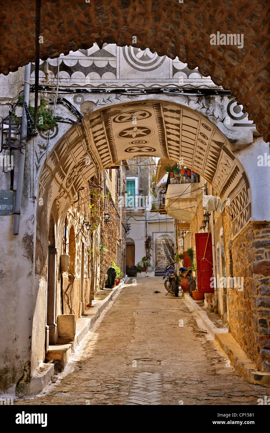 L'ingresso principale e la fortificazione del borgo medievale di Olympi, una delle più belle 'mastichochoria' Chios Island, Grecia Foto Stock