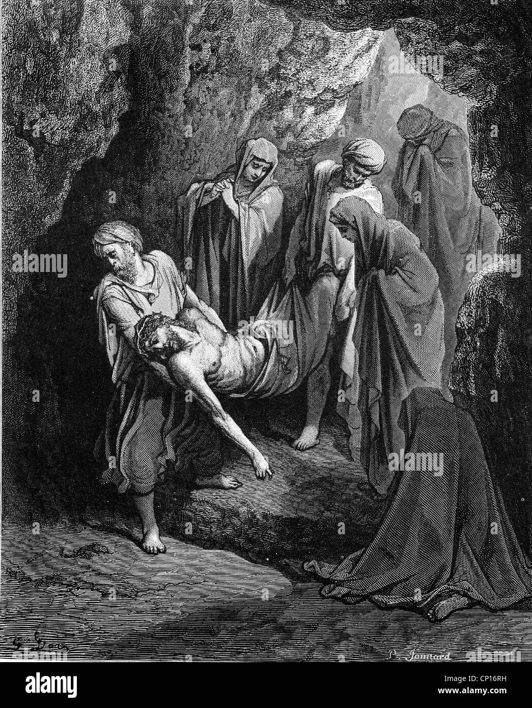 La religione, il cristianesimo, Gesù Cristo: "tumulazione di Cristo', circa 1866, incisione su legno da Gustave Dore, (1832 - 1883 ), artista del diritto d'autore non deve essere cancellata Foto Stock
