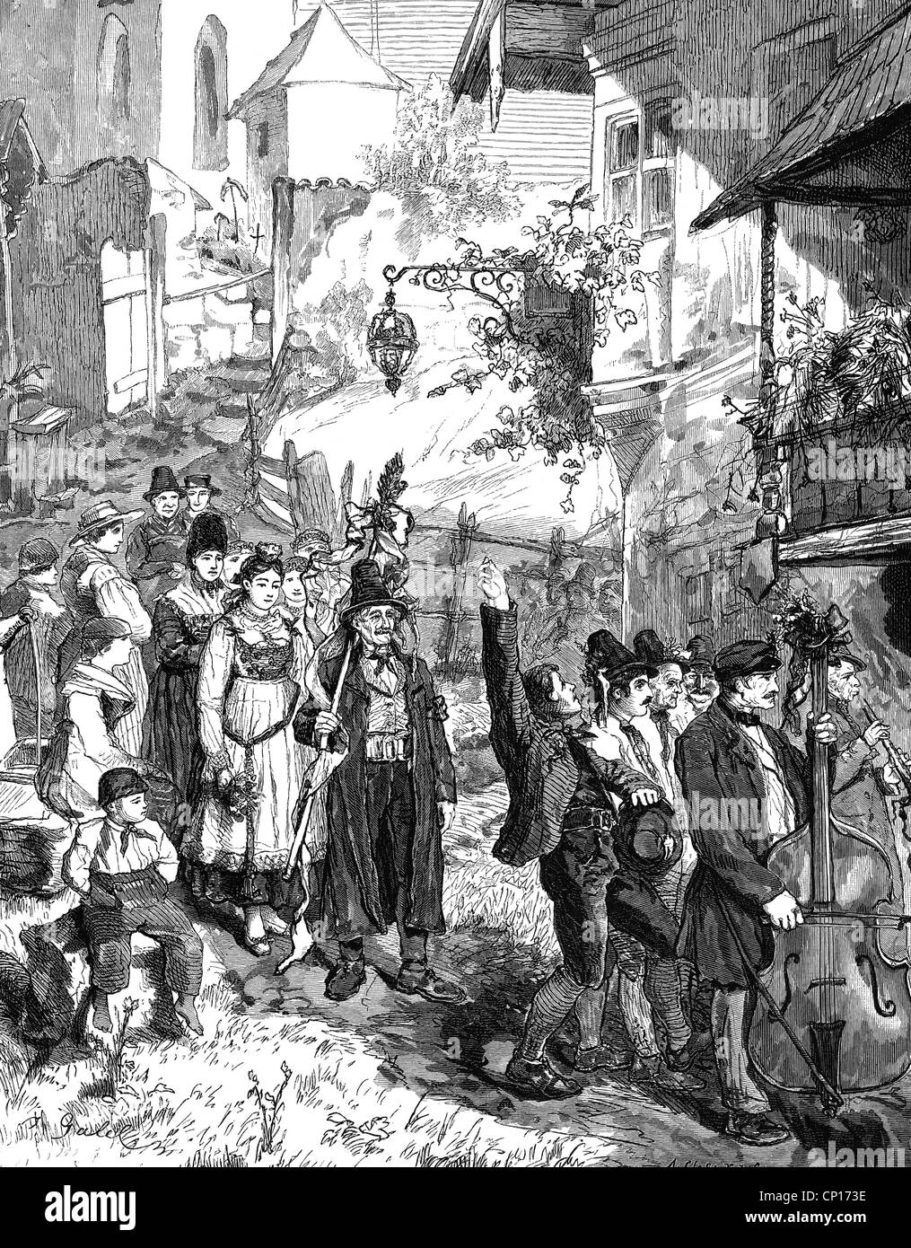 Persone, matrimonio, festa, processione nuziale in un villaggio di montagna, incisione in legno, II metà del XIX secolo, musicista, musica, ospiti, sposa, sposo, sposo, costumi nazionali, montagne, Alpi, storico, storico, diritti aggiuntivi-clearences-non disponibile Foto Stock