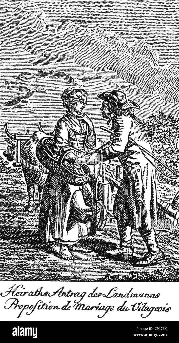 Persone, coppie, corteggiamento, 'proposta di un contadino', incisione dalla serie 'proposte' di Daniel Chodowiecki, 1781, Additional-Rights-Clearences-Not Available Foto Stock