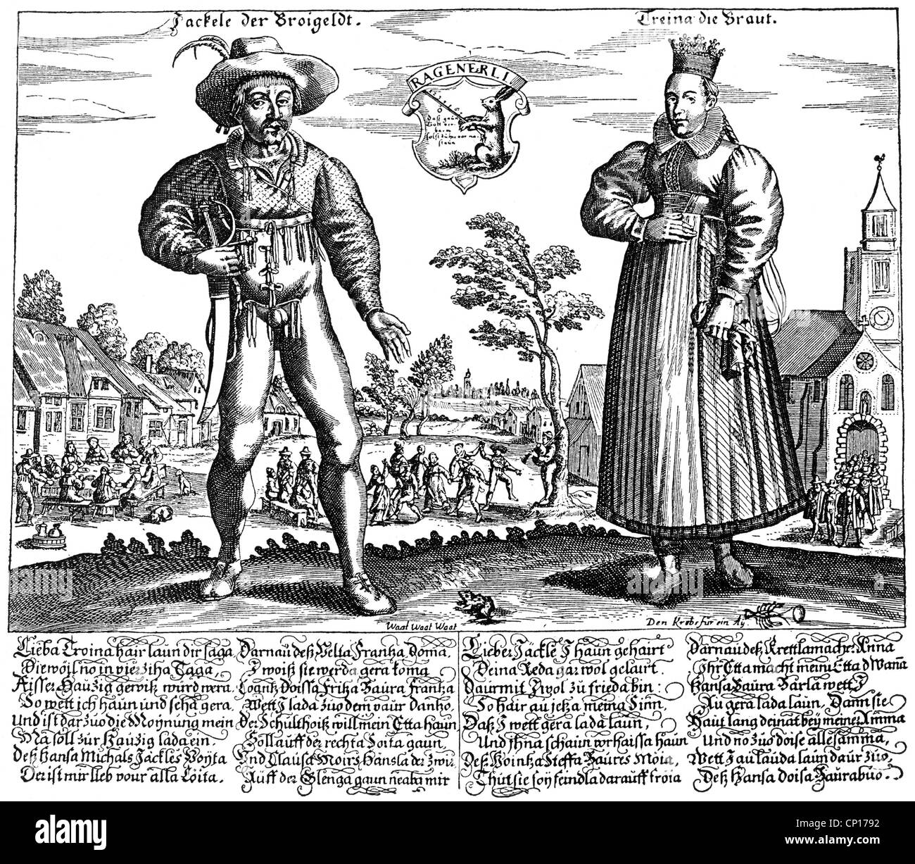 Matrimonio, sposi, rurale giovane dal Frankfurt am Main area, incisione su rame, del XVII secolo e sposa sposo, lo sposo, crown, spada, agricoltore, costumi nazionali, costume, Hesse, Germania, cappello, abbigliamento, storico, storico, artista del diritto d'autore non deve essere cancellata Foto Stock