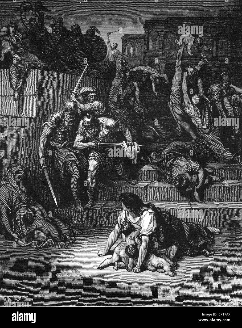 La religione, scene bibliche, 'Massacre degli innocenti", incisione su legno per la Bibbia da Gustave Doré, 1866, artista del diritto d'autore non deve essere cancellata Foto Stock