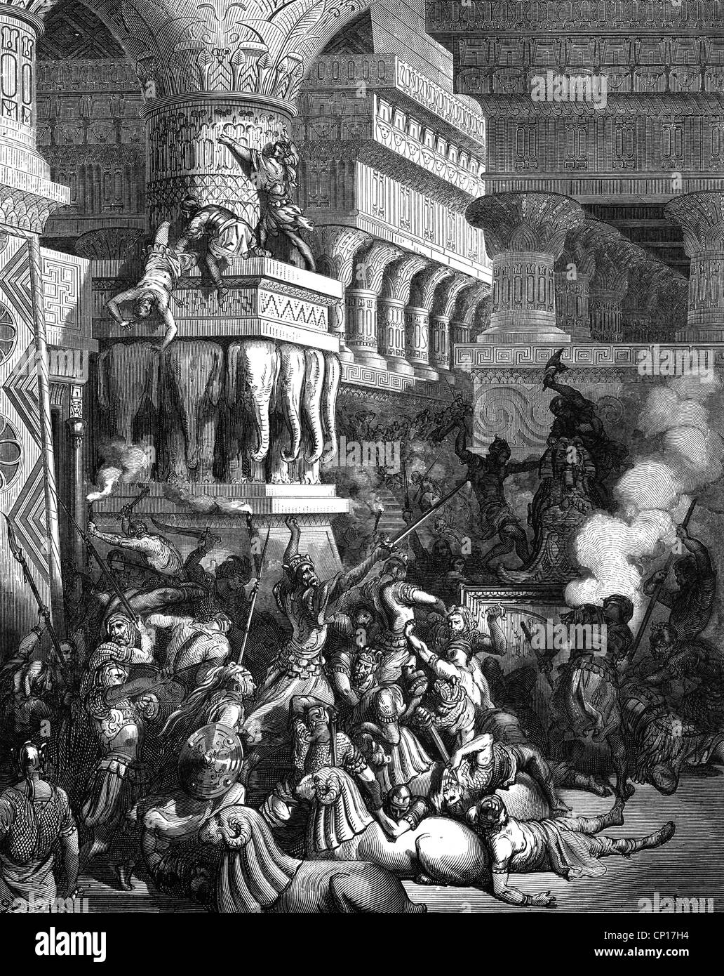 La religione, scene bibliche, 'Jonathan sta distruggendo il tempio di Dagon', incisione su legno per la Bibbia da Gustave Doré, 1866, artista del diritto d'autore non deve essere cancellata Foto Stock