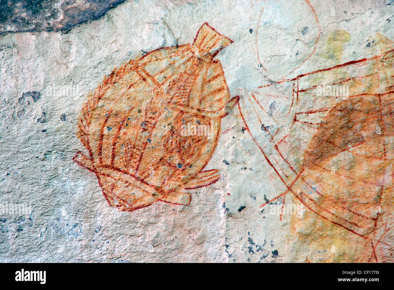 Arte rupestre degli Aborigeni raffigurante un pesce, Ubirr, Parco Nazionale Kakadu, Territorio del Nord, l'Australia Foto Stock