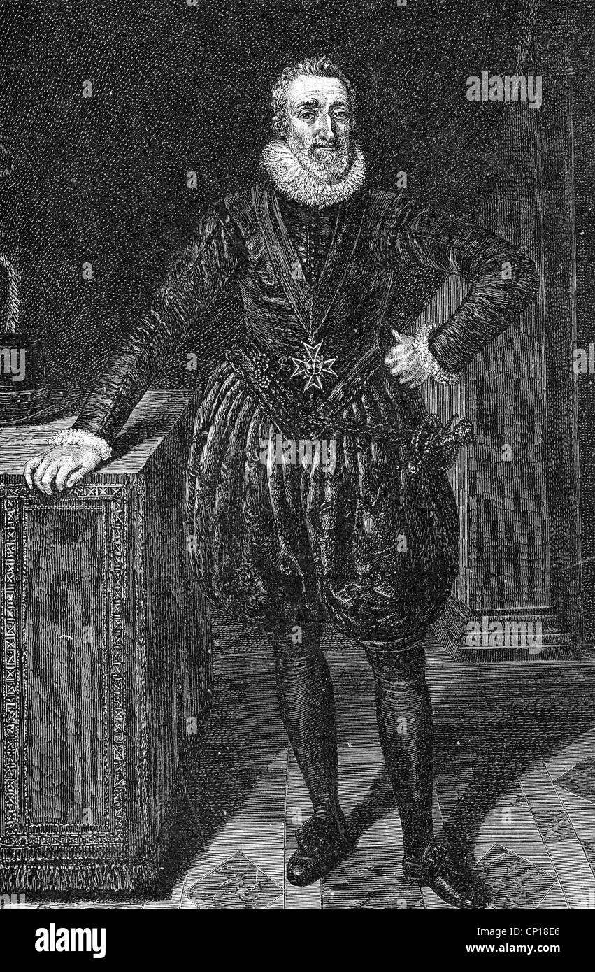 Enrico IV, 13.12.1553 - 14.5.1610, Re di Francia 27.2.1594 - 14.5.1610, a piena lunghezza e incisione su legno dopo la verniciatura di Franz Porbus (1570 - 1622), , artista del diritto d'autore non deve essere cancellata Foto Stock