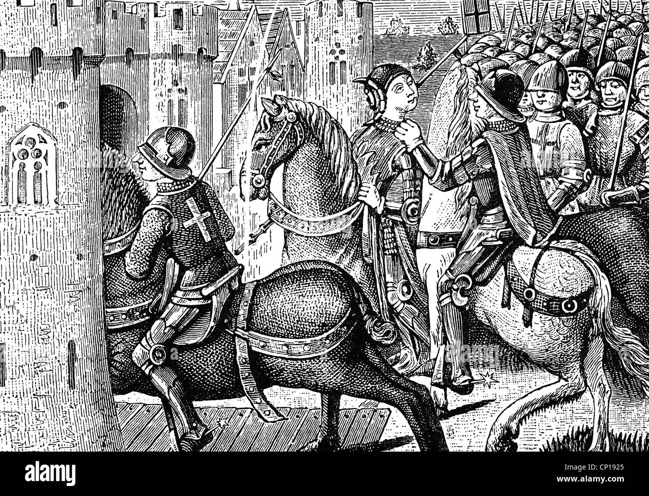 Giovanna d'Arco, 6.1.1412 - 30.5.1431, eroina nazionale francese, catturata dai Burgundi, 23.5.1430, dopo la miniatura, 15th secolo, incisione in legno, 19th secolo, Foto Stock