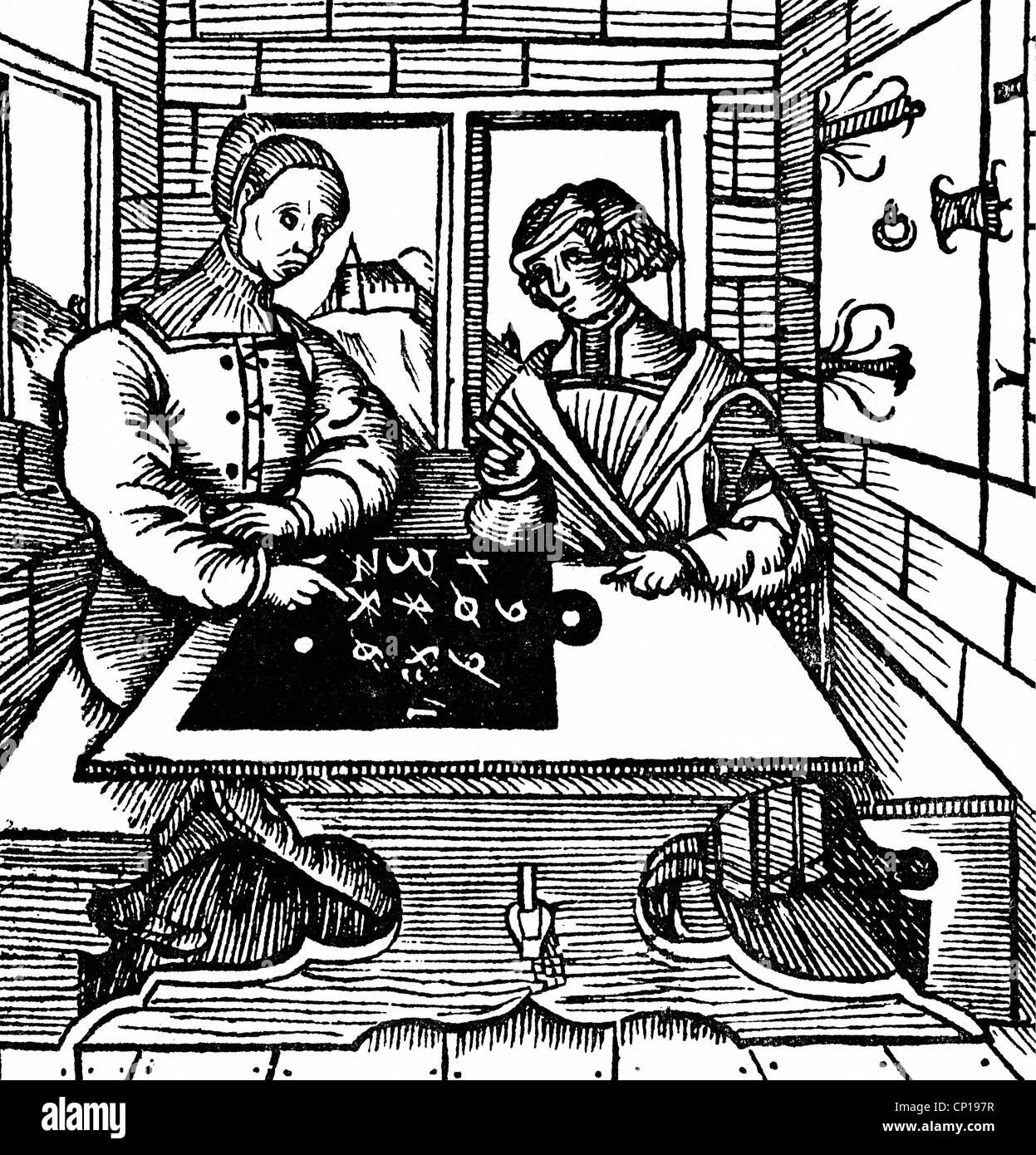Scienza, matematica, aritmetica e studioso, copra il taglio di legno a 'Rechenbüchlein', di Johann Böschenstein, Augusta, 1514, Additional-Rights-Clearences-Not available Foto Stock