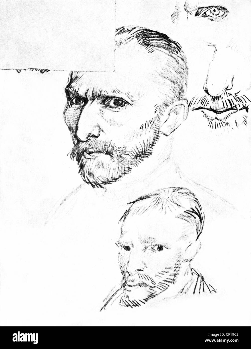 Gogh, Vincent van, 30.3.1853 - 29.7.1890, artista olandese (pittore), schizzi di Self-portrait, 1886 - 1887, l'artista del diritto d'autore non deve essere cancellata Foto Stock