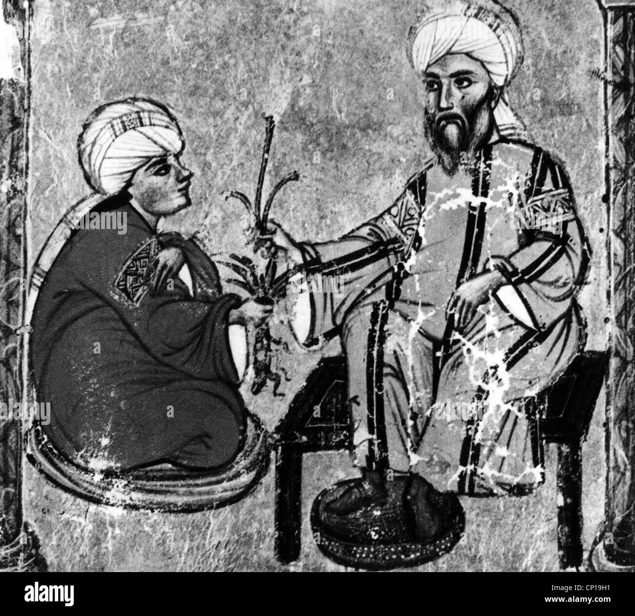 Pedanius Dioscorides, 1st secolo d.C., medico-medico greco, con il suo studente, in miniatura ad un'edizione siriana della sua 'materia medica', 1229, Foto Stock