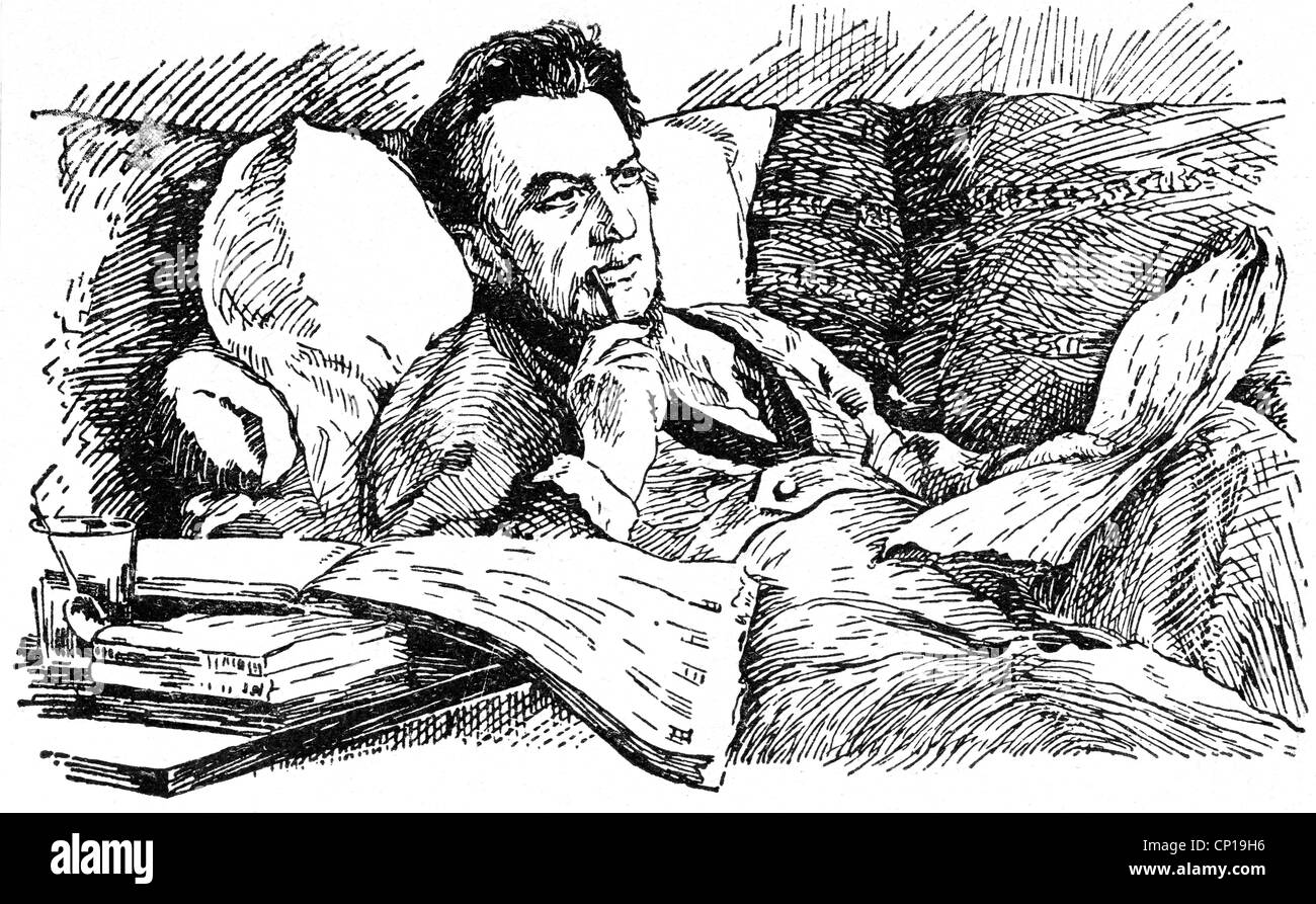 Glinka, Michail Iwanowitsch, 1.6.1804 - 15.2.1857, compositore russo, che lavora sul divano, disegnando dopo la pittura di Ilja Repin (1844 - 1930), Foto Stock