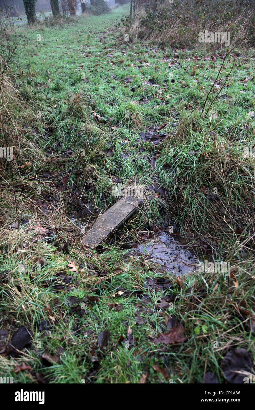 Si tratta di un piccolo ponte a rendere con un pannello di legno per camminare sopra un fosso o in una buca nella campagna di Francia in Normandia. Foto Stock