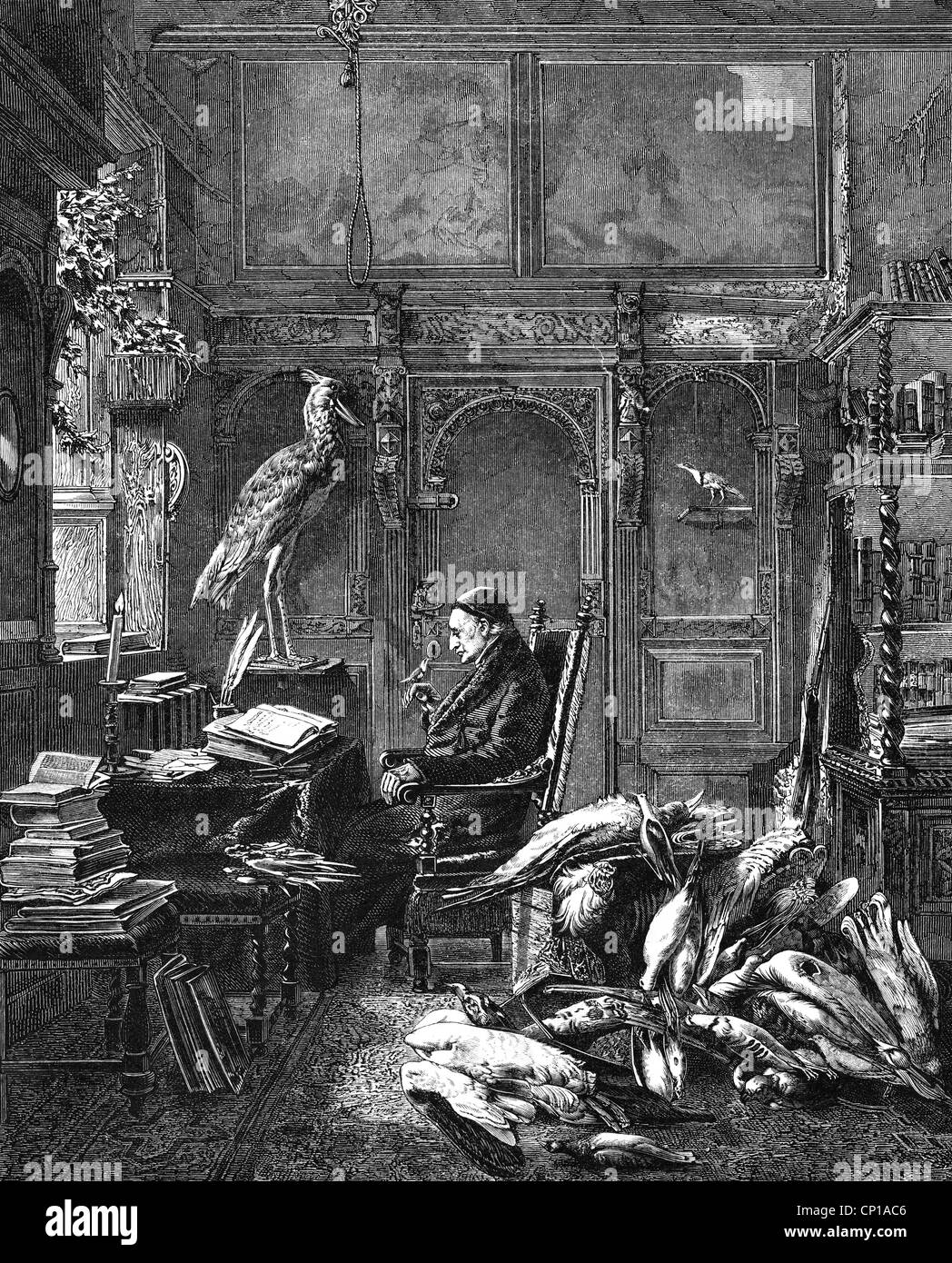 Brehm, Christian Ludwig, 24.1.1787 - 23.6.1864, ornitologo tedesco, nel suo studio nella canonica di Renthendorf, incisione in legno, 'The Old Brehm', dopo la pittura di Karl Werner, 19th secolo, British Museum, Londra, Foto Stock