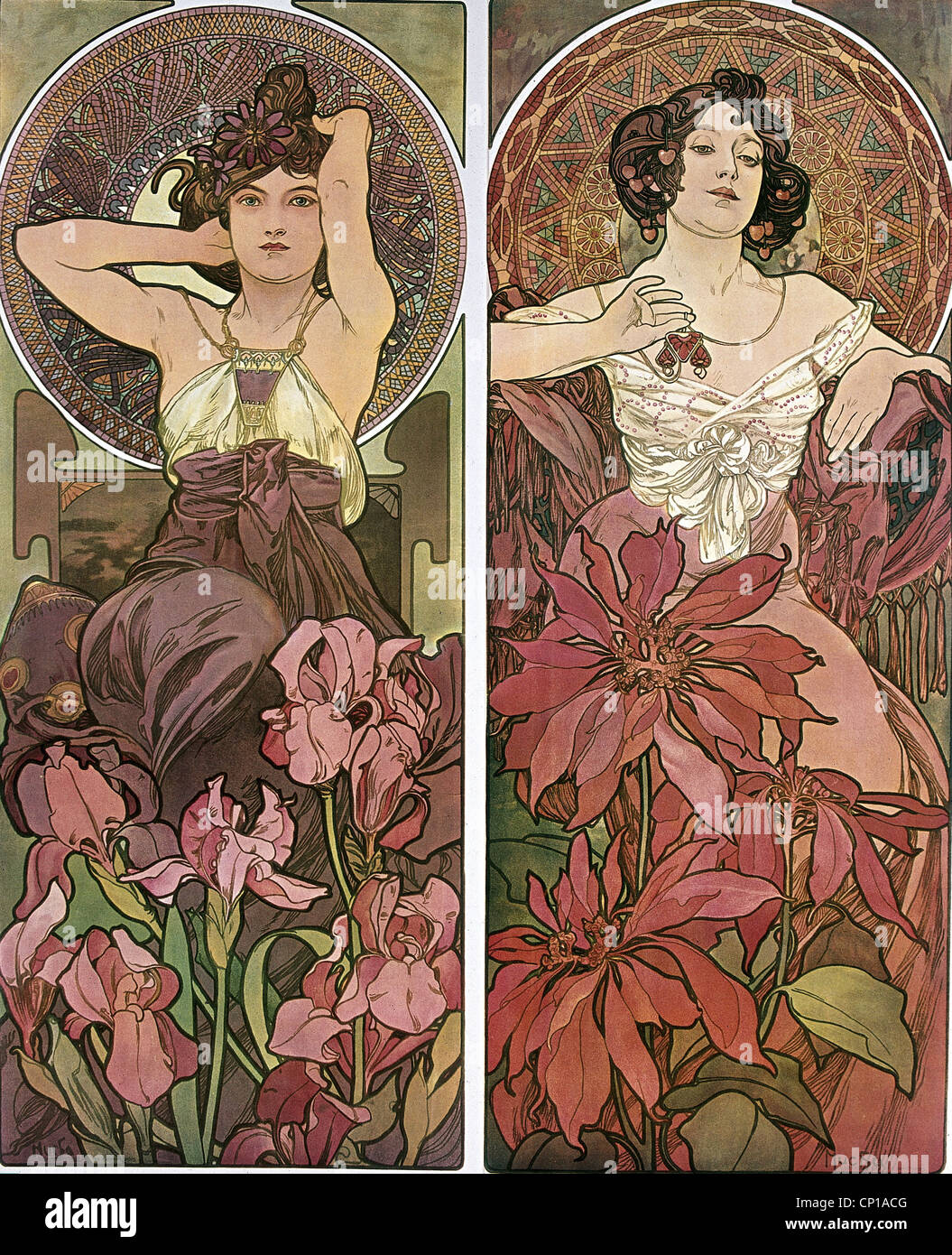 Belle arti, Mucha, Alfons (1860 - 1939), poster, circa 1900, due donne, seduto, fiori, capelli, Art Nouveau, Alphonse, poster, Foto Stock