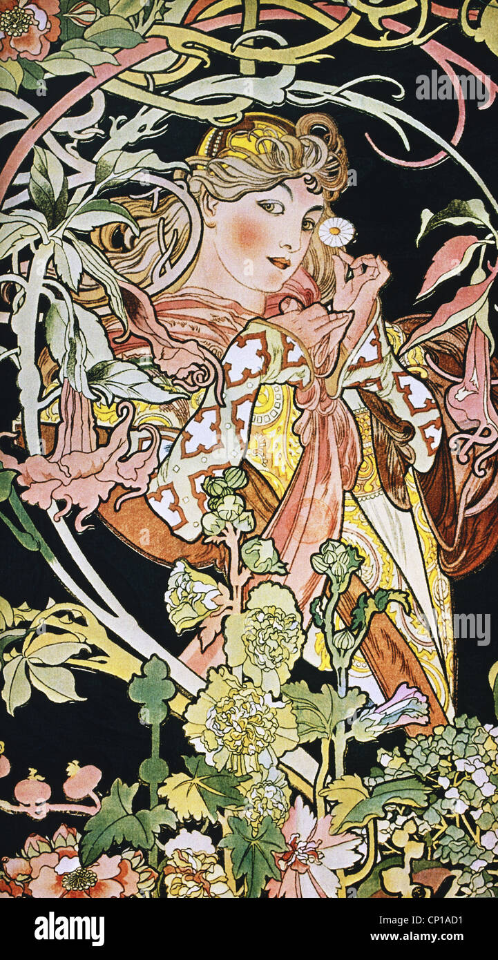 Belle arti, Mucha, Alphonse (1860 - 1939), poster, circa 1900, ornamento, ornamenti, Art Nouveau, Donna con fiori, fiori, piano Foto Stock