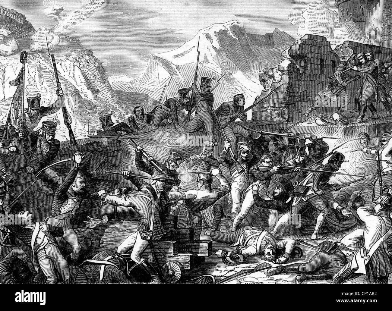 Eventi, Guerra della Quinta coalizione, 1809, Reggimento fanteria francese che attacca la roccaforte a Malborghet (Malborghetto), 14.5.1809, incisione del legno, XIX secolo, Austria, Francia, assalto, attacco, fanteria, emplement, Alpi, montagne, Eugene Beauharnais, truppe, esercito, guerre napoleoniche, Guerra franco-austriaca, radure storiche, combattimenti francesi, non disponibili Foto Stock