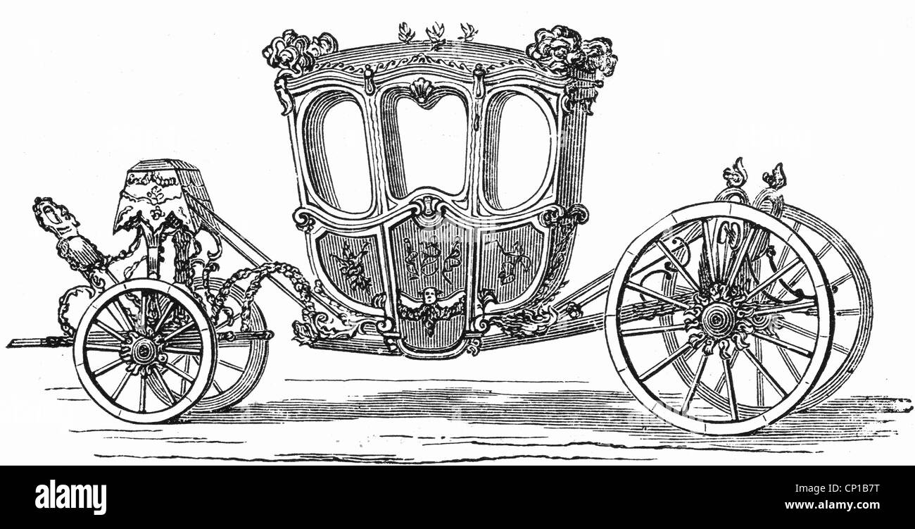 Trasporto / trasporto, pullman, trasporto statale di Re Luigi XV di Francia, incisione in legno, 19 ° secolo, storico, pullman, carrozze, carrozze, clipping, ritaglio, ritaglio, forature, veicolo, veicoli, pomposo, pomposità, diritti aggiuntivi-clearences-non disponibile Foto Stock