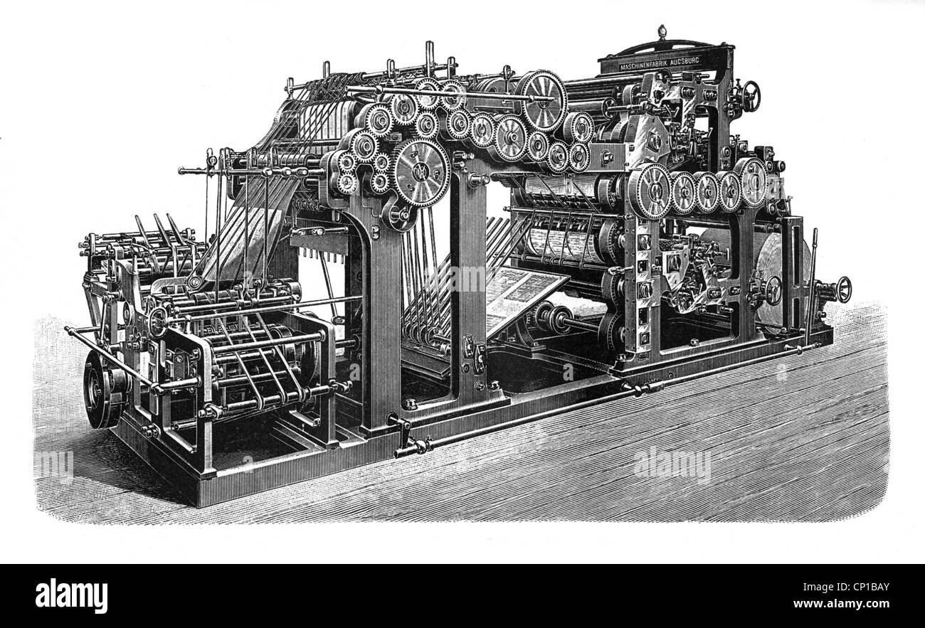 Tecnica, tipografia, dispositivo, macchina, pressa rotativa per stampa di giornali e pubblicazioni, opere d'ingegneria Augusta, incisione in acciaio, circa 1900, diritti aggiuntivi-clearences-non disponibili Foto Stock