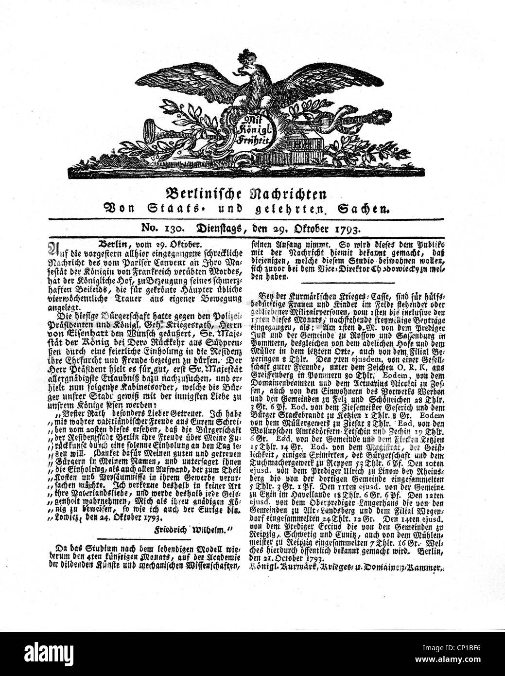 Stampa / media, giornale, 'Berlinische Nachrichten von Staats- und gelehrten Sachen', 29.10.1793, annunciando l'esecuzione di Maria Antonietta, Regina di Francia, diritti aggiuntivi-clearences-non disponibile Foto Stock