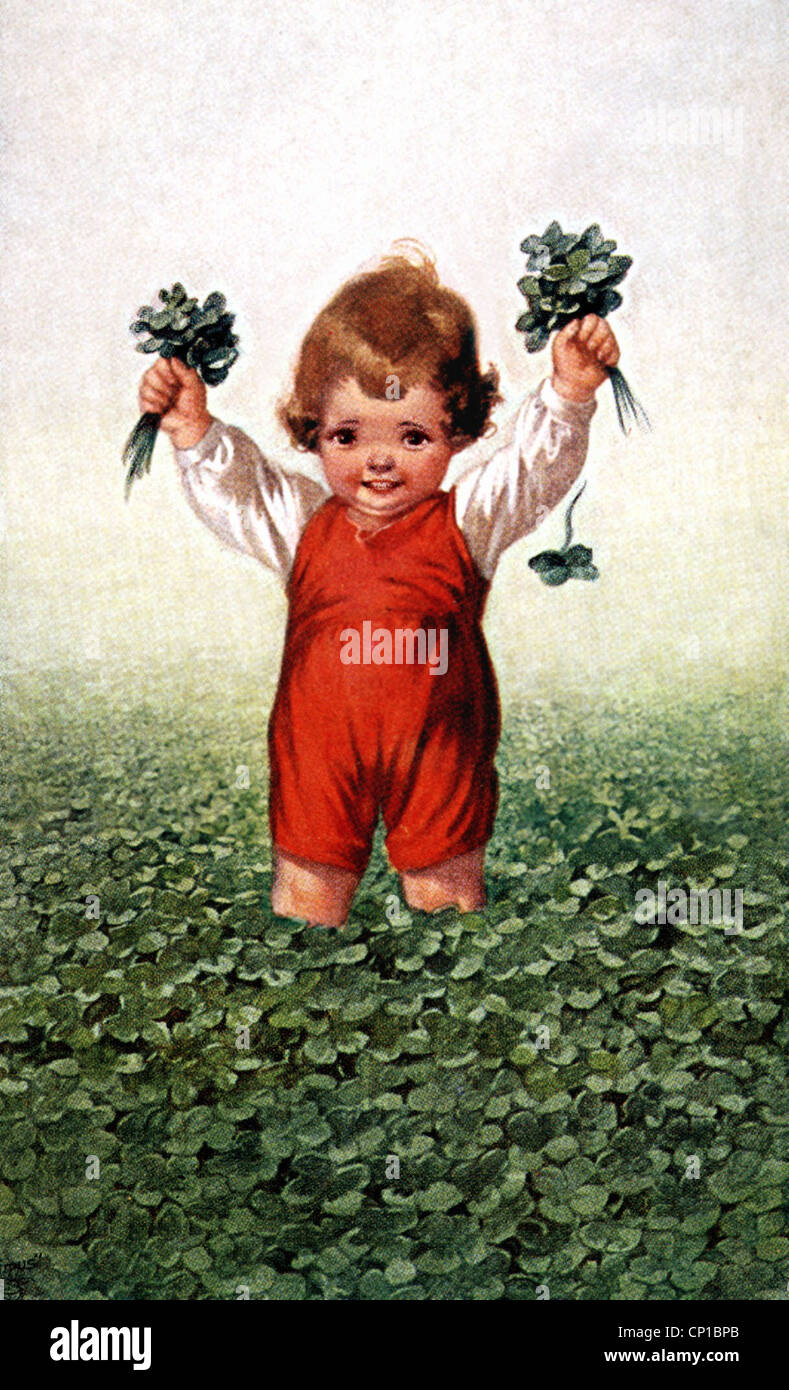 Kitsch / souvenir, cartolina fotografica, darling di fortuna con trifoglio a quattro foglie, 'Hans in Luck', disegno colorato di Wally Fialkowska, circa 1920, Additional-Rights-Clearences-non disponibile Foto Stock