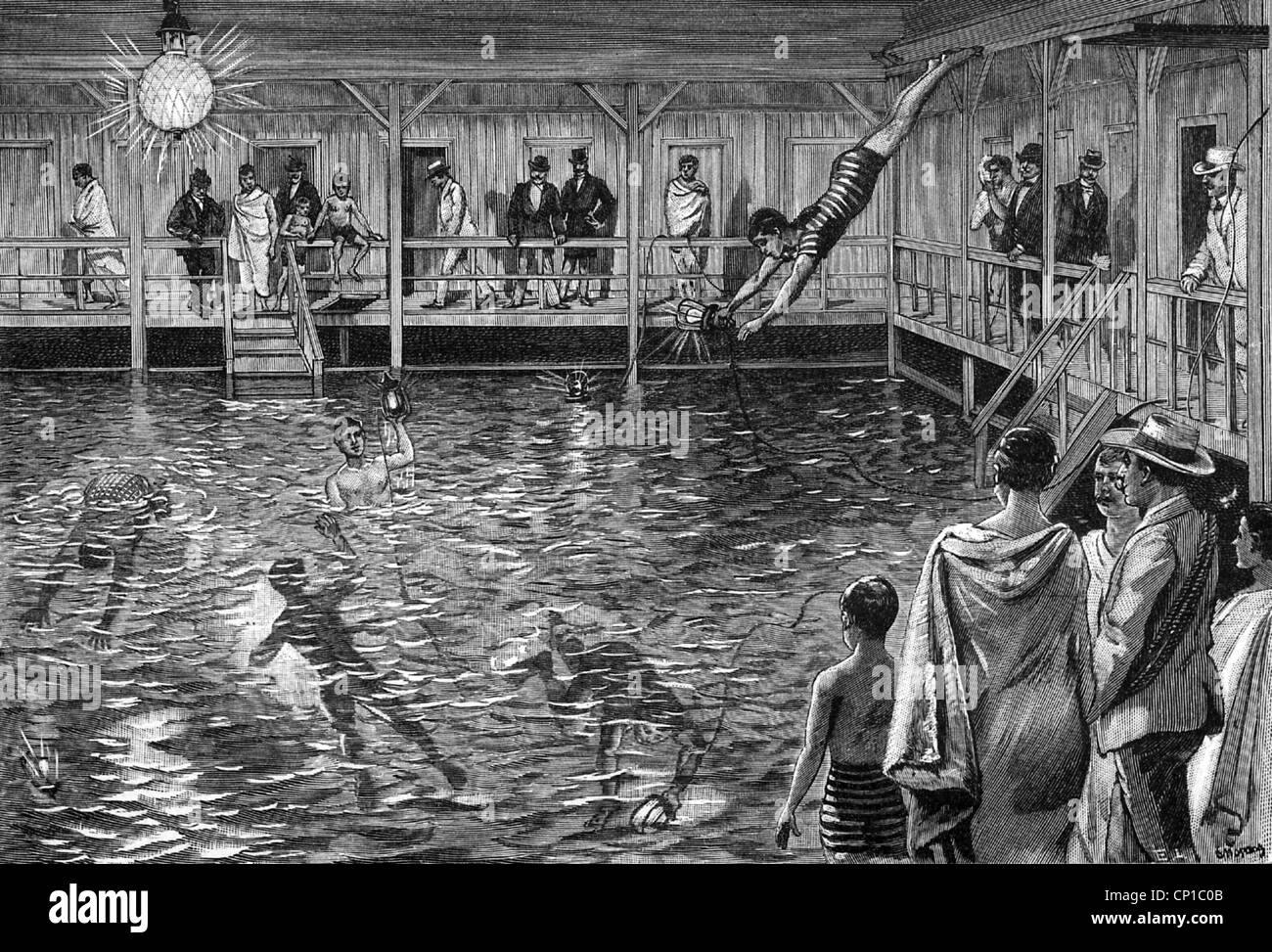 Sport, nuoto, immersioni notturne con luce elettrica, Sachses Badeanstalt (bagni pubblici di Sachse), Berlino, incisione in legno, 1897, diritti aggiuntivi-clearences-non disponibile Foto Stock